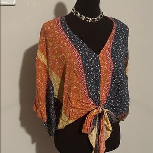 Polly & Esther Boho Patchwork Tie-Front Top – Floral Mixed Print Blouse (L)